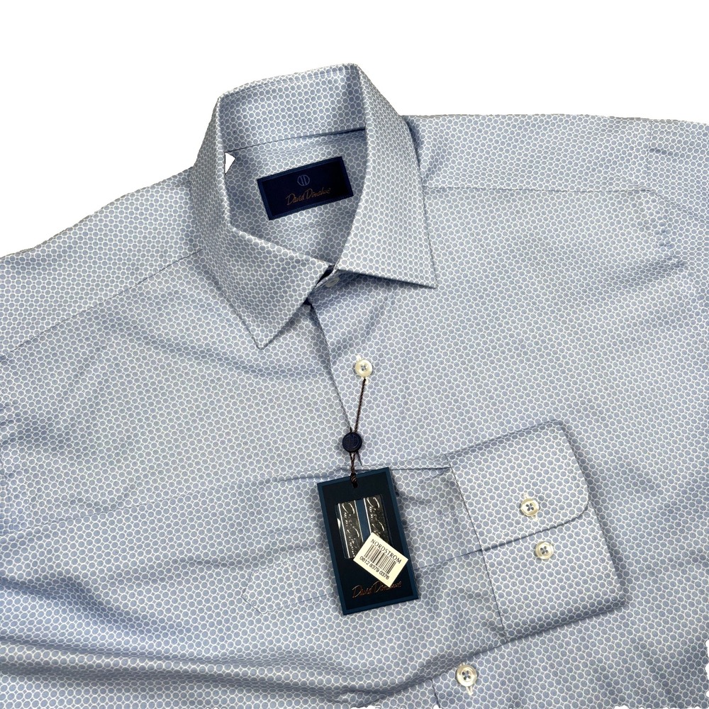 NWT David Donahue Dress Shirt Mens L 16 34/35 Blue Micro Foulard Collar Stays